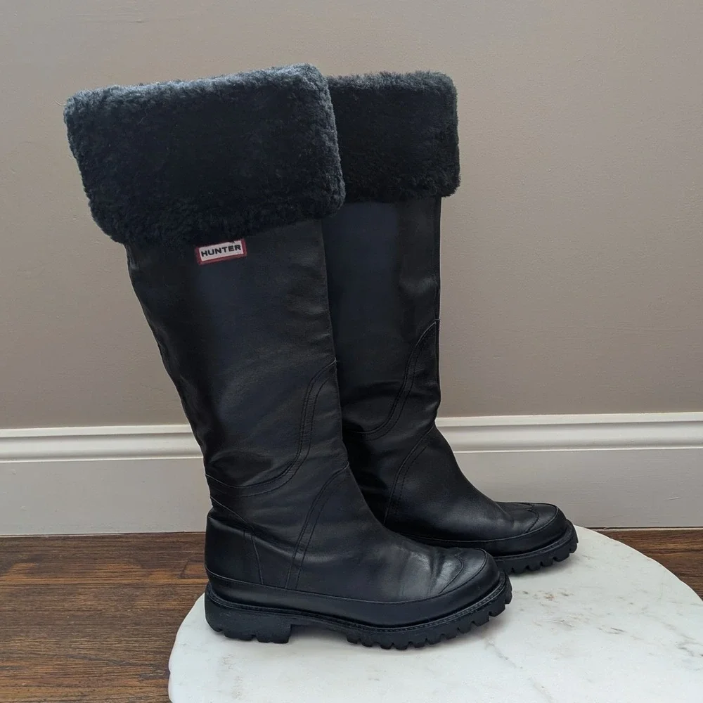Hunter Steamboat Womens Sz 7 Black Leather Tall Boots Sheepskin Lined Waterproof